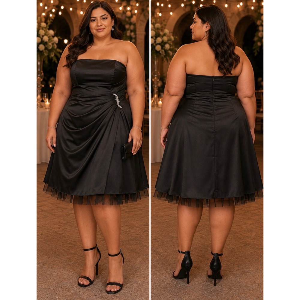 Davids Bridal Black Satin Strapless Gown Rhinestone Brooch 8567 Plus Size 22